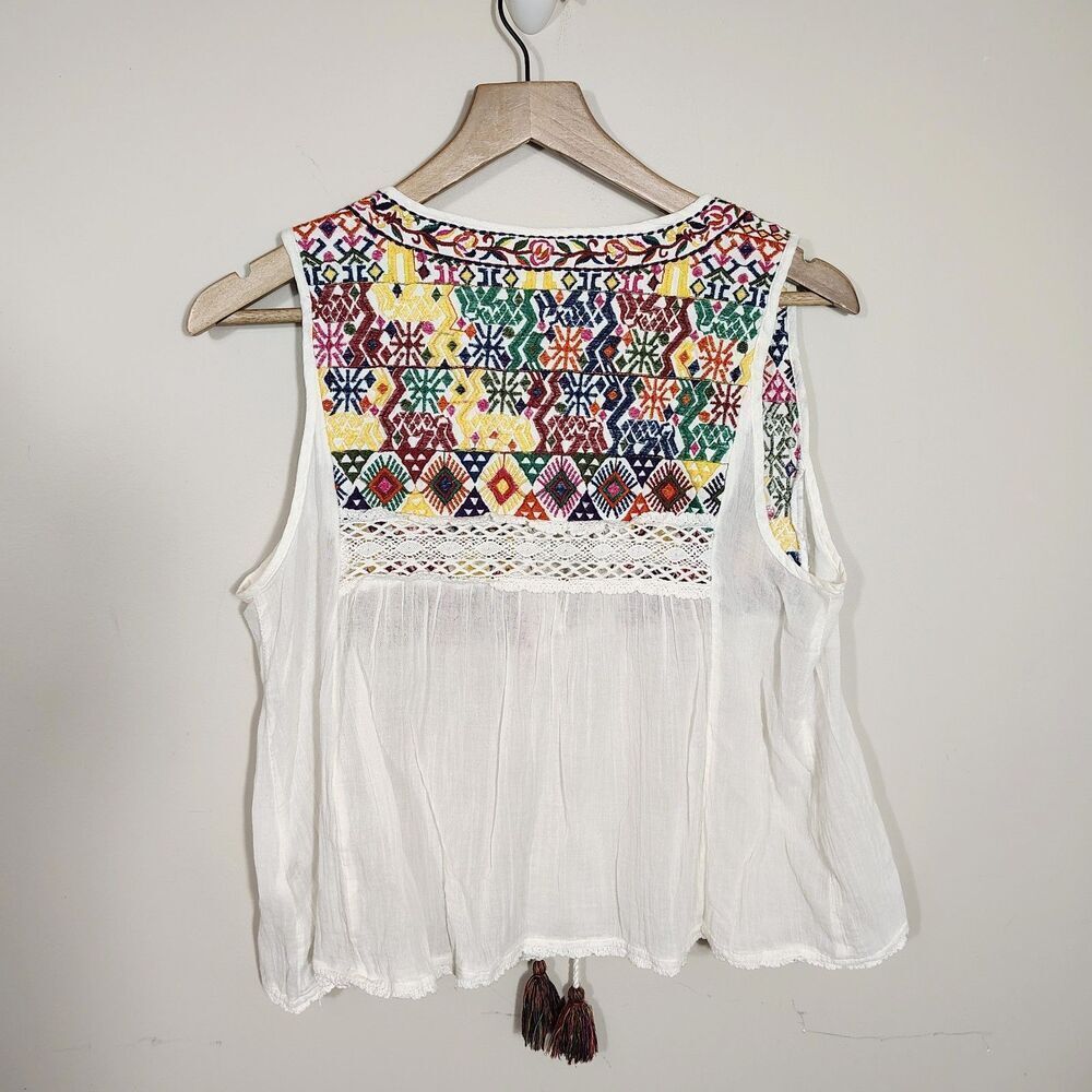 Free People Boho Embroidered Peasant Tank Top Size M Cream Festival - Picture 3 of 9